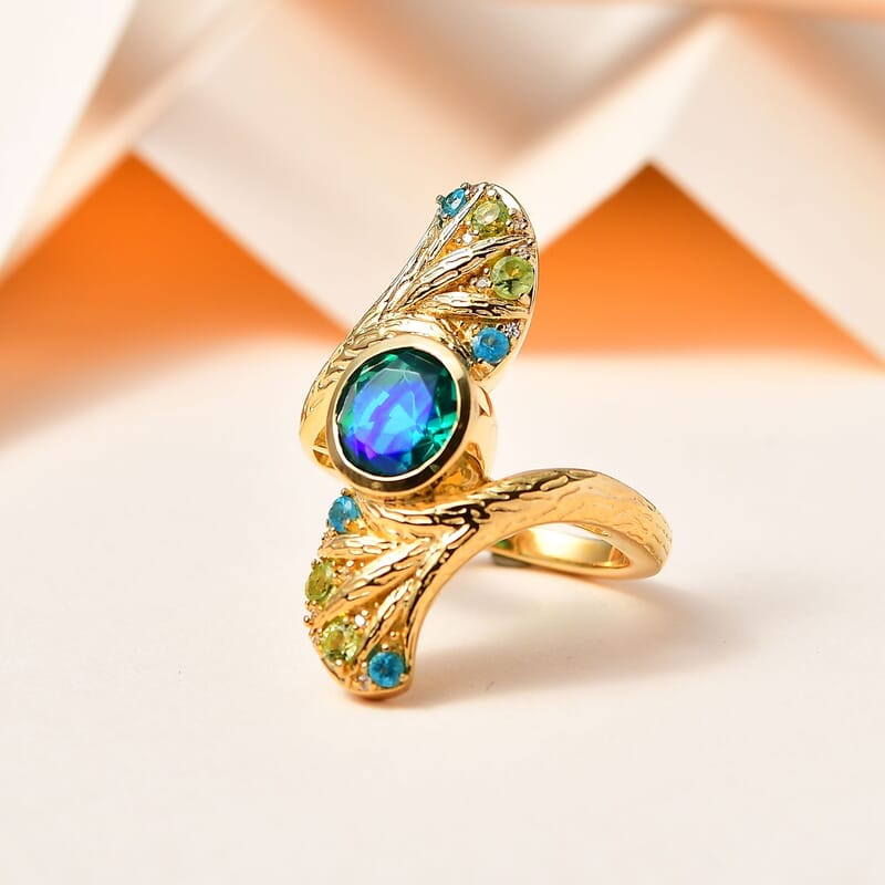 GP Peacock Triplet Quartz 2.85 ctw Fancy Ring in Vermeil Yellow Gold Over Sterling Silver (Size 11.5) (9.14 g)