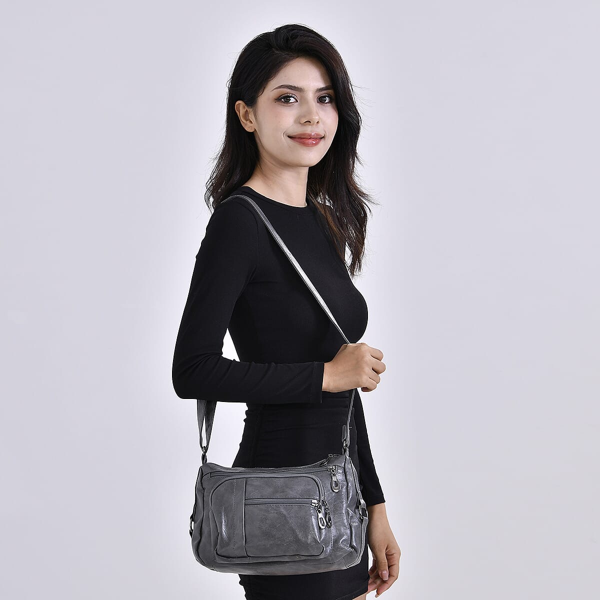 Gray Faux Leather Multi Pocket Crossbody Bag with Adjustable Shoulder Strap image number 1