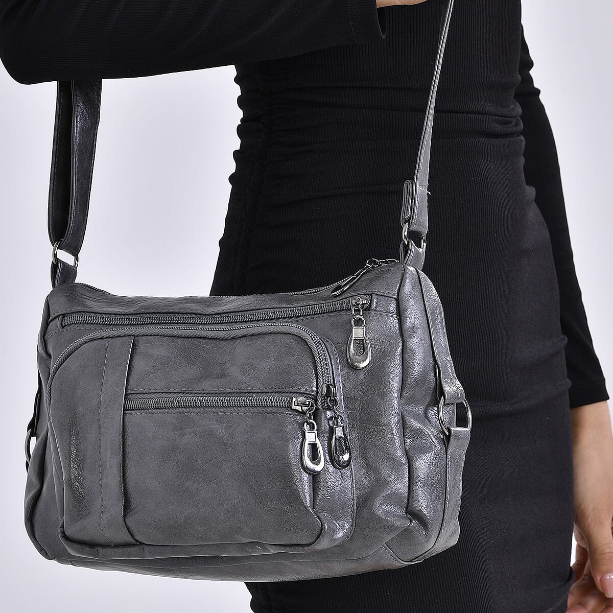 Gray Faux Leather Multi Pocket Crossbody Bag with Adjustable Shoulder Strap image number 2