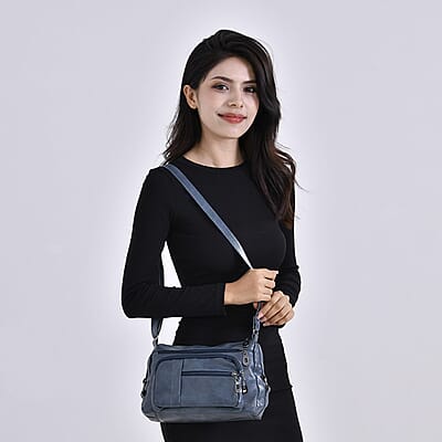 Blue Faux Leather Multi Pocket Crossbody Bag with Adjustable Shoulder Strap