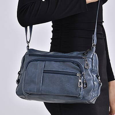 Blue Faux Leather Multi Pocket Crossbody Bag with Adjustable Shoulder Strap