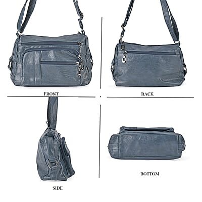 Blue Faux Leather Multi Pocket Crossbody Bag with Adjustable Shoulder Strap