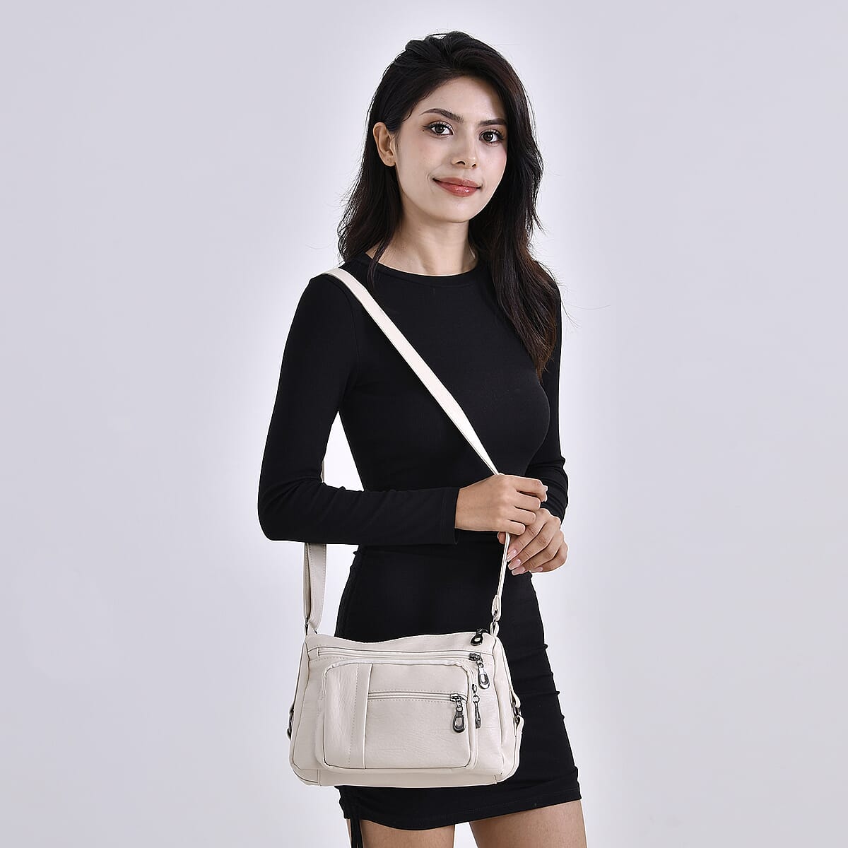 Off White Faux Leather Multi Pocket Crossbody Bag with Adjustable Shoulder Strap image number 1
