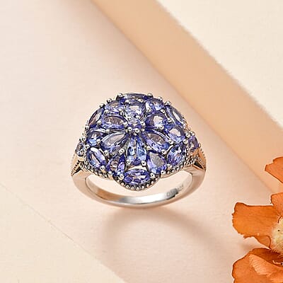 Tanzanite Floral Ring in Platinum Over Sterling Silver (Size 10.0) 3.00 ctw