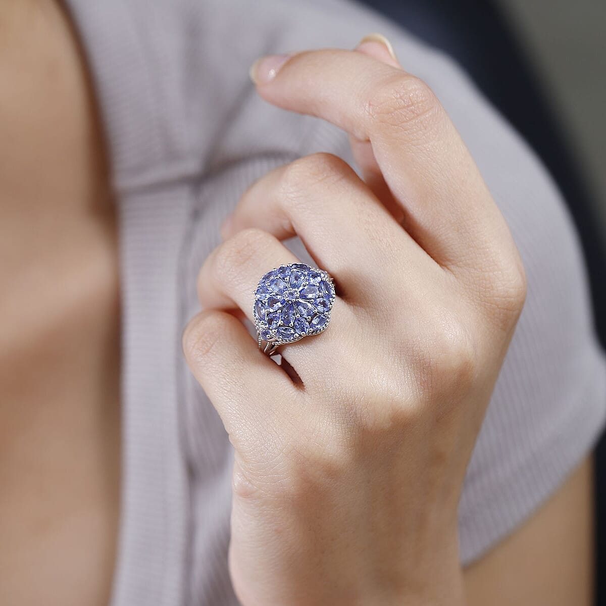 Tanzanite Floral Ring in Platinum Over Sterling Silver (Size 6.0) 3.00 ctw image number 2