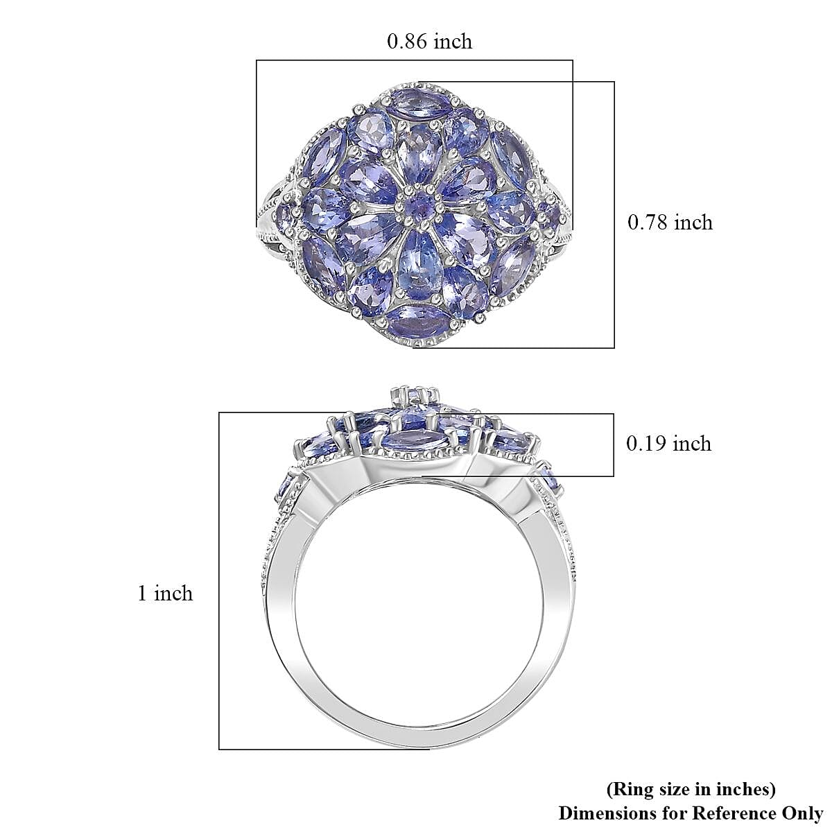 Tanzanite Floral Ring in Platinum Over Sterling Silver (Size 6.0) 3.00 ctw image number 5