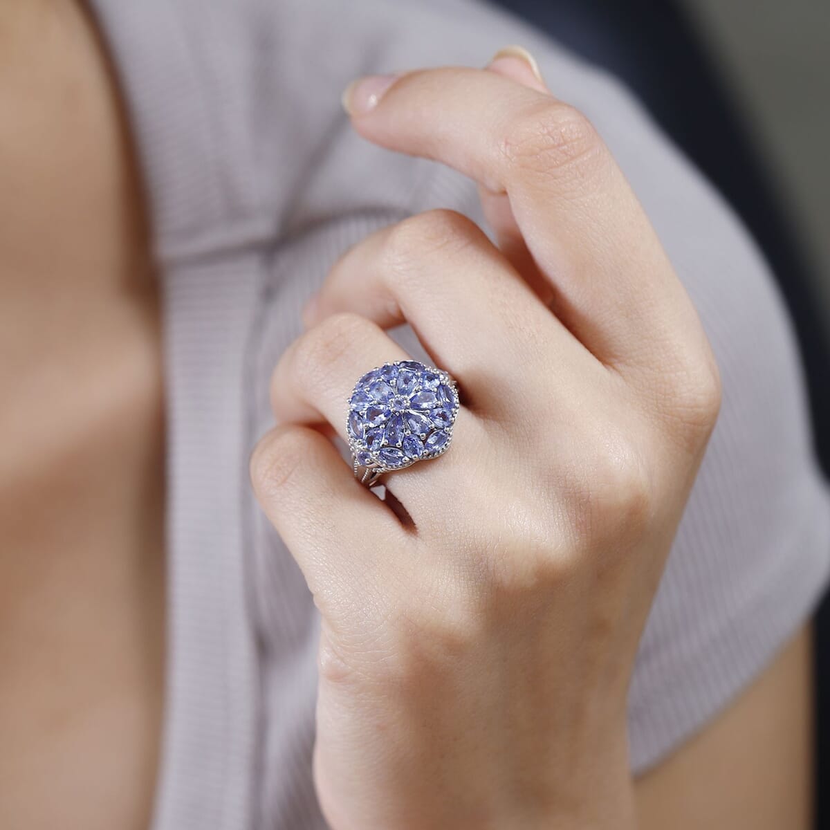 Tanzanite Floral Ring in Platinum Over Sterling Silver (Size 9.0) 3.00 ctw image number 2
