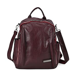 Burgundy Faux Leather Multi-Pocket Backpack with Handle Drop and Shoulder Strap
