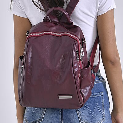 Burgundy Faux Leather Multi-Pocket Backpack with Handle Drop and Shoulder Strap