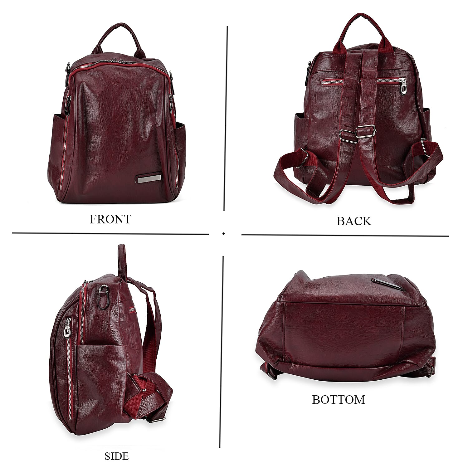 Burgundy Faux Leather Multi-Pocket Backpack with Handle Drop and Shoulder Strap