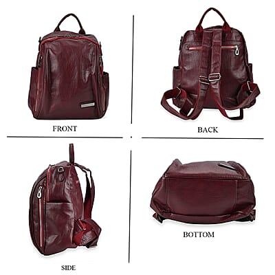 Burgundy Faux Leather Multi-Pocket Backpack with Handle Drop and Shoulder Strap