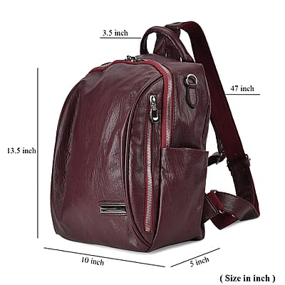 Burgundy Faux Leather Multi-Pocket Backpack with Handle Drop and Shoulder Strap