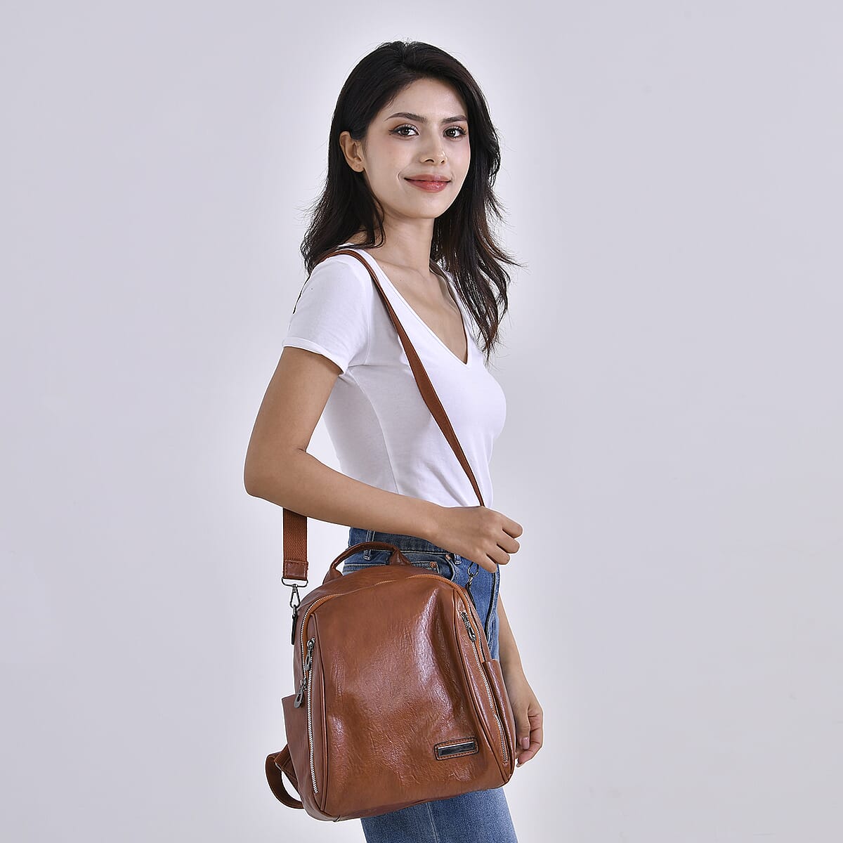 Brown Faux Leather Multi-Pocket Backpack with Handle Drop and Shoulder Strap image number 1