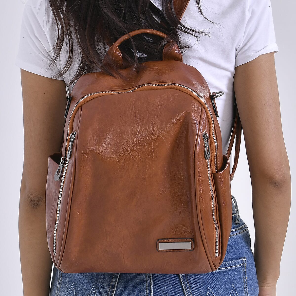 Brown Faux Leather Multi-Pocket Backpack with Handle Drop and Shoulder Strap image number 2