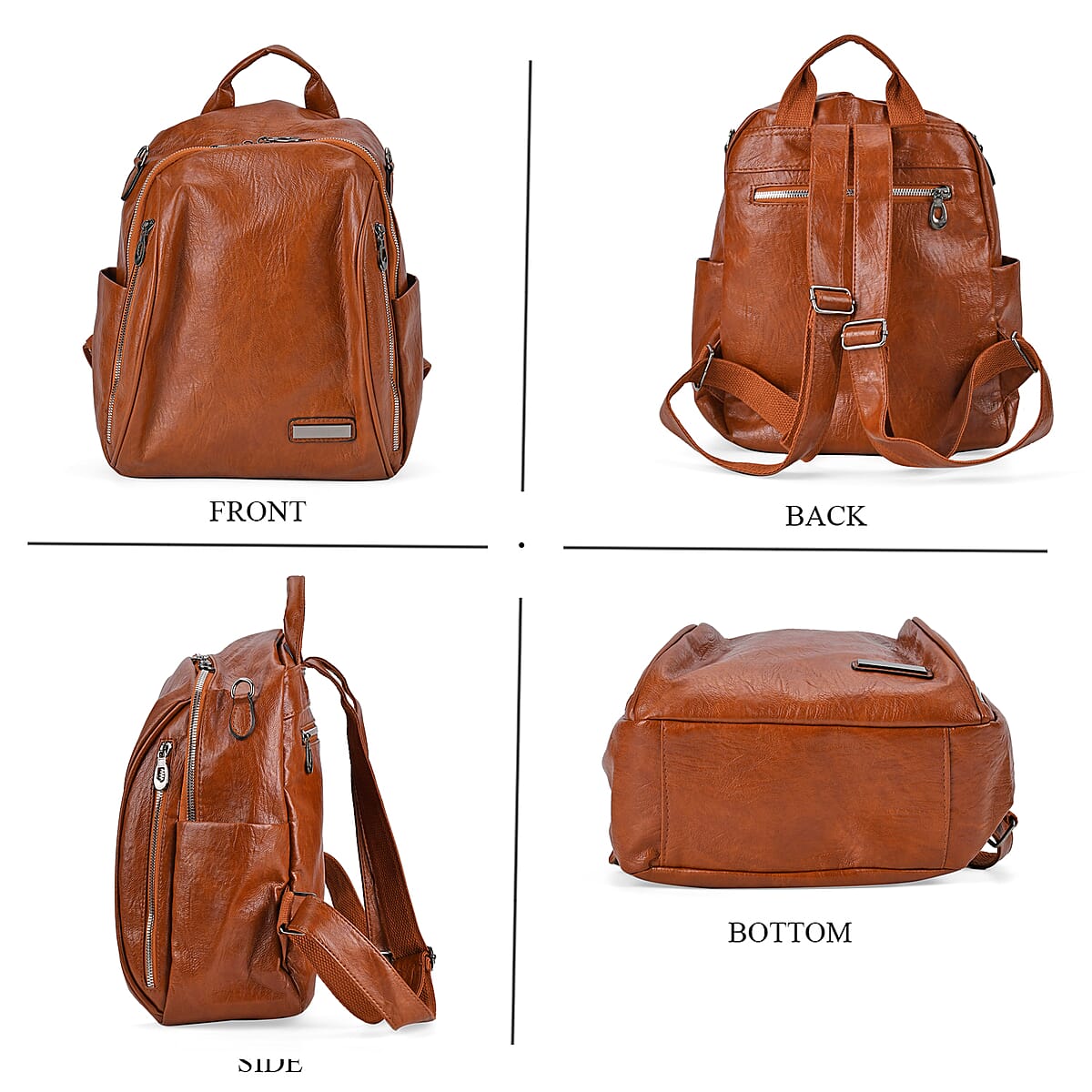 Brown Faux Leather Multi-Pocket Backpack with Handle Drop and Shoulder Strap image number 3