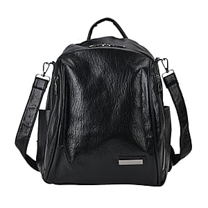 Black Faux Leather Multi-Pocket Backpack with Handle Drop and Shoulder Strap