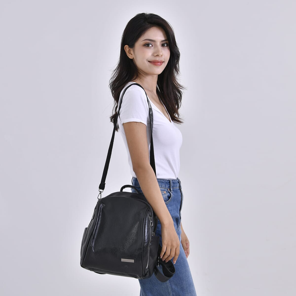 Black Faux Leather Multi-Pocket Backpack with Handle Drop and Shoulder Strap image number 1