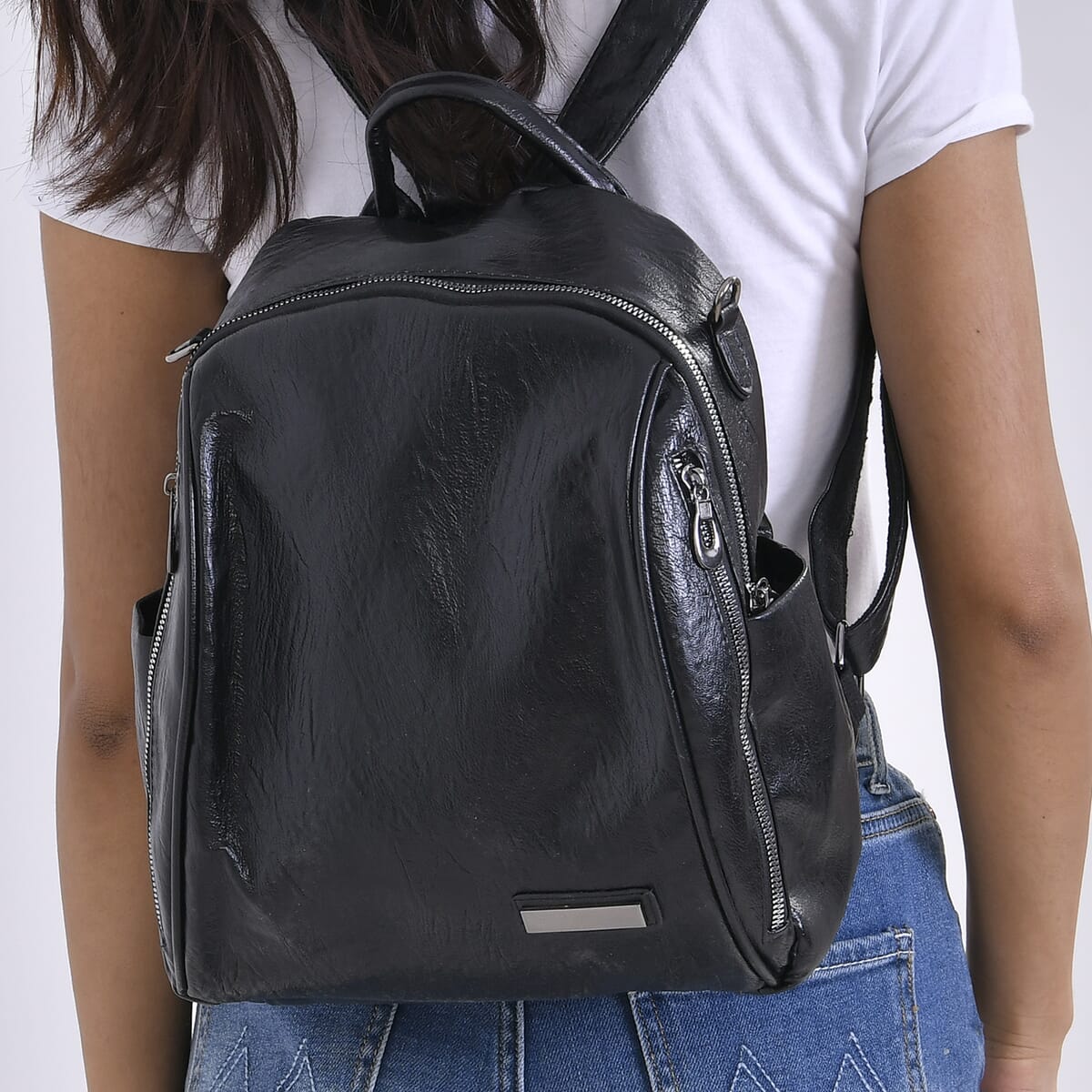 Black Faux Leather Multi-Pocket Backpack with Handle Drop and Shoulder Strap image number 2