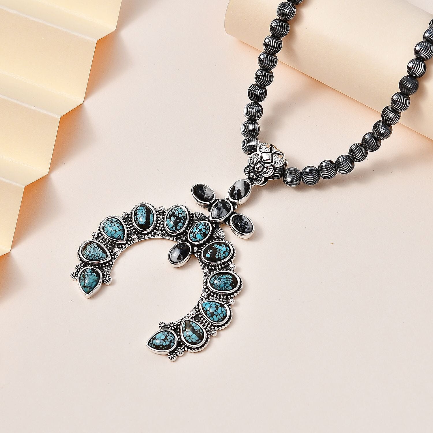D'Joy Artisan Crafted Blue Moon Turquoise and White Buffalo Naja Necklace 18-20 Inches in Sterling Silver 9.90 ctw
