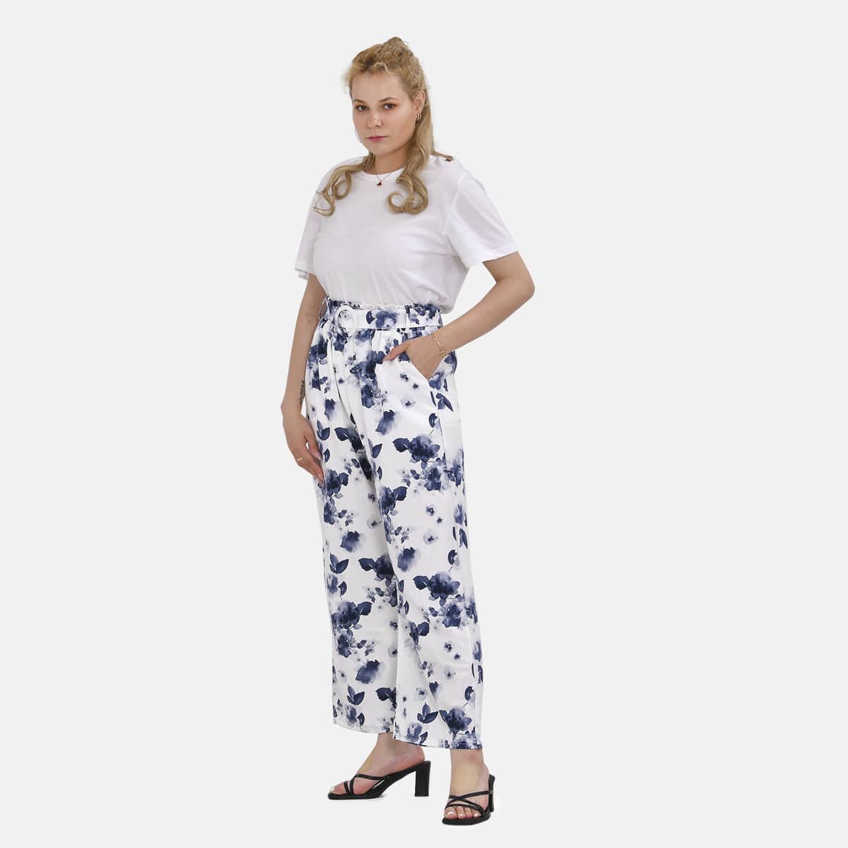 Blue Floral Wide Leg Elastic Waistband Pants with Detachable Waist Belt - One Size Fits Most image number 0