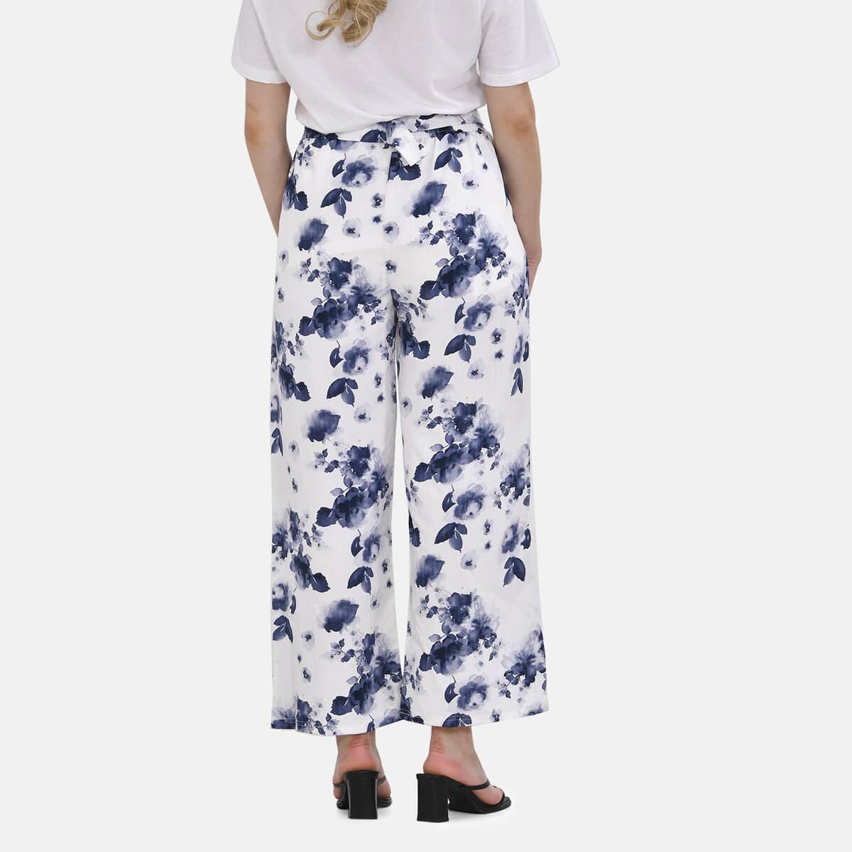 Blue Floral Wide Leg Elastic Waistband Pants with Detachable Waist Belt - One Size Fits Most image number 1