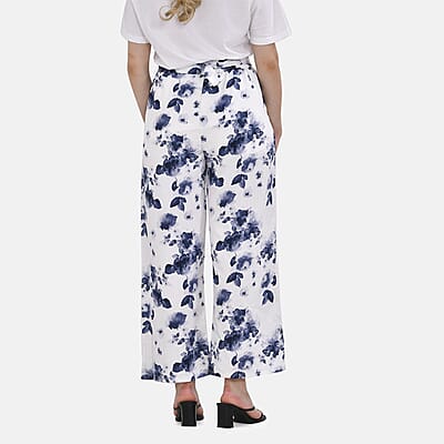 Blue Floral Wide Leg Elastic Waistband Pants with Detachable Waist Belt - One Size Fits Most
