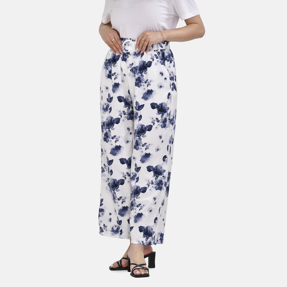 Blue Floral Wide Leg Elastic Waistband Pants with Detachable Waist Belt - One Size Fits Most image number 2