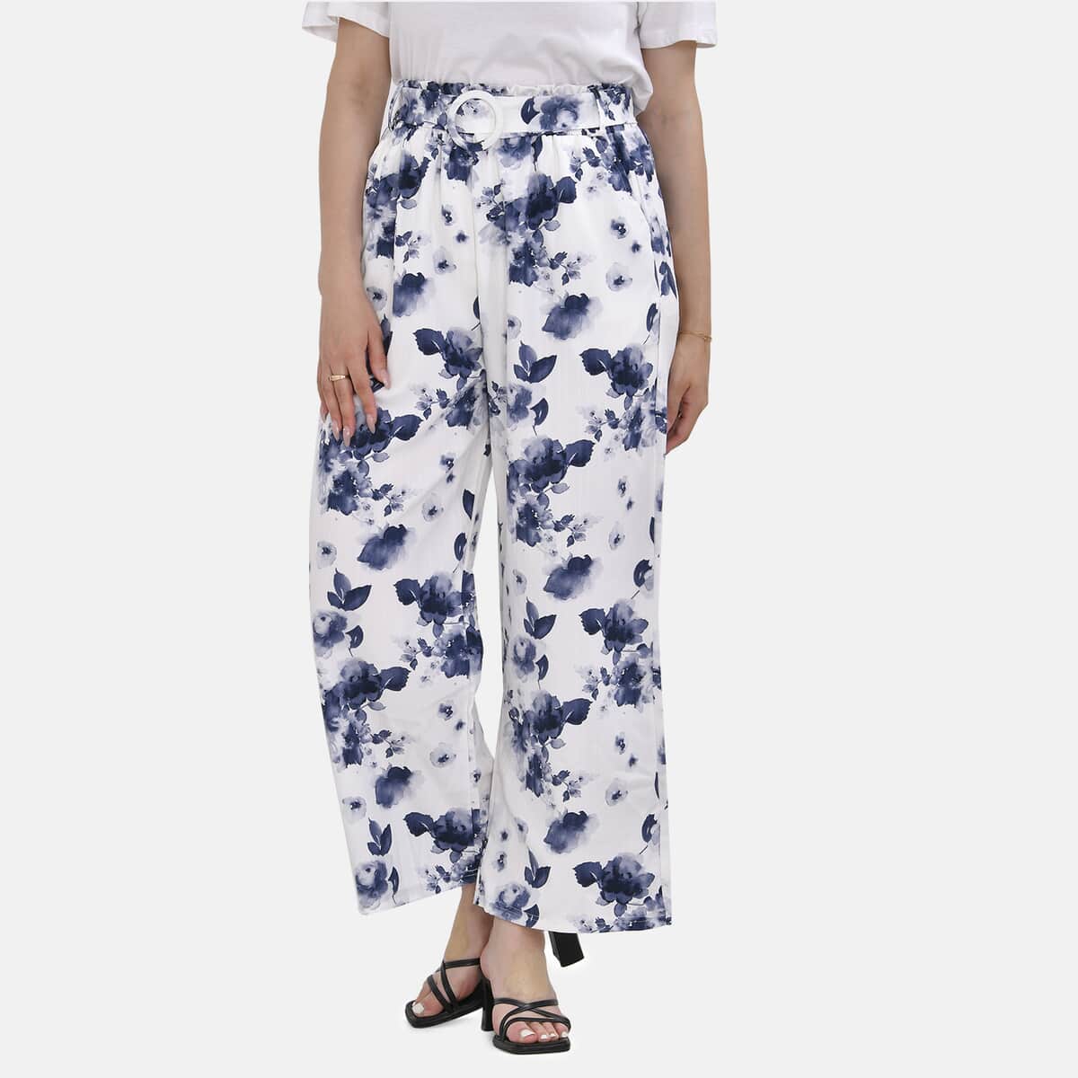 Blue Floral Wide Leg Elastic Waistband Pants with Detachable Waist Belt - One Size Fits Most image number 3