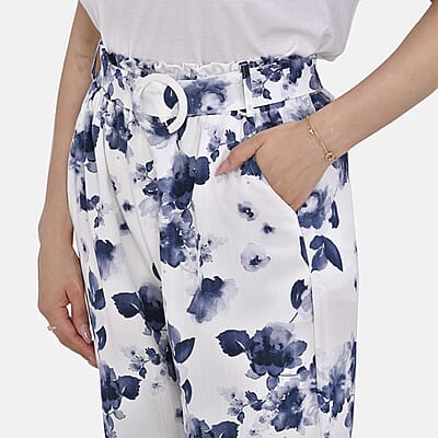 Blue Floral Wide Leg Elastic Waistband Pants with Detachable Waist Belt - One Size Fits Most
