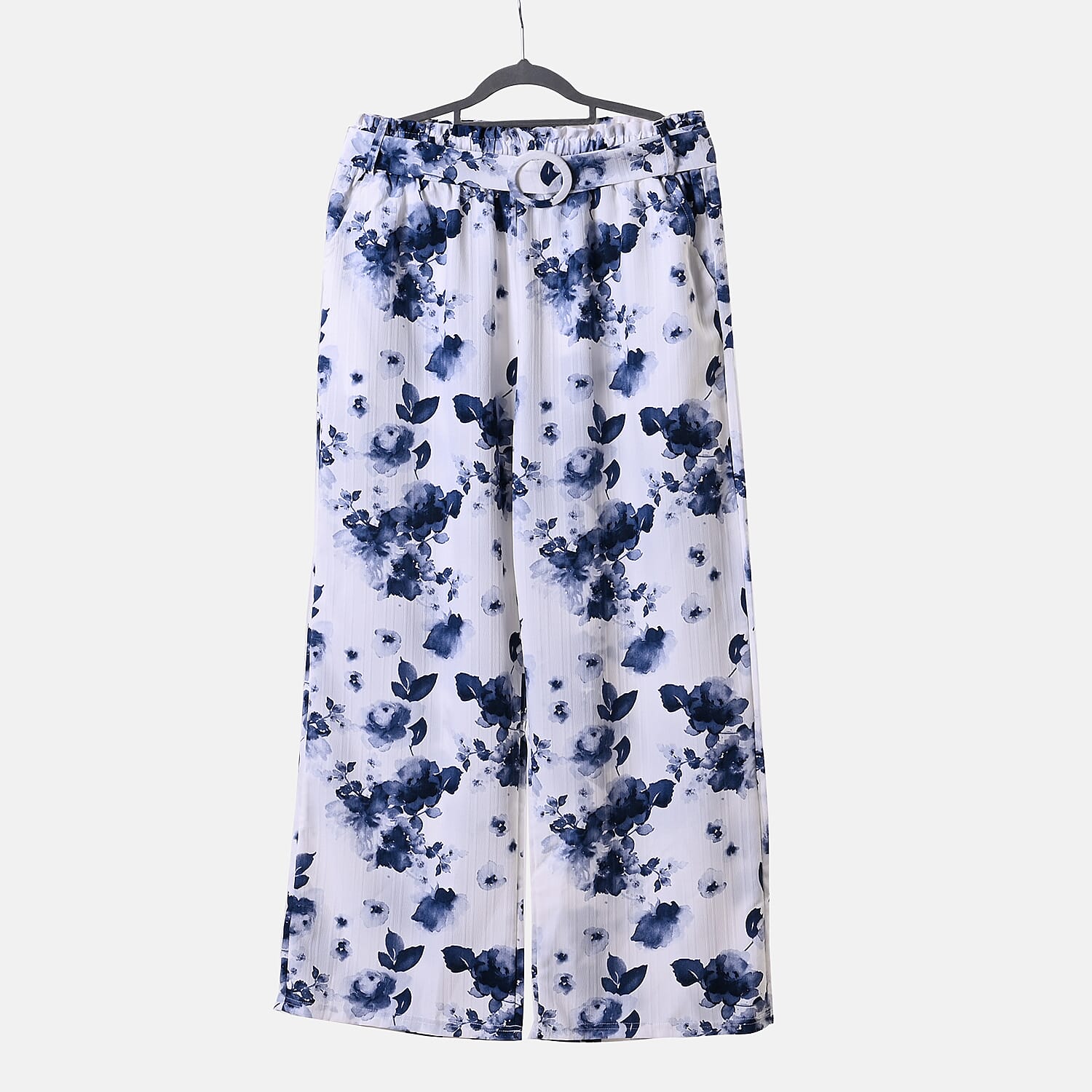 Blue Floral Wide Leg Elastic Waistband Pants with Detachable Waist Belt - One Size Fits Most