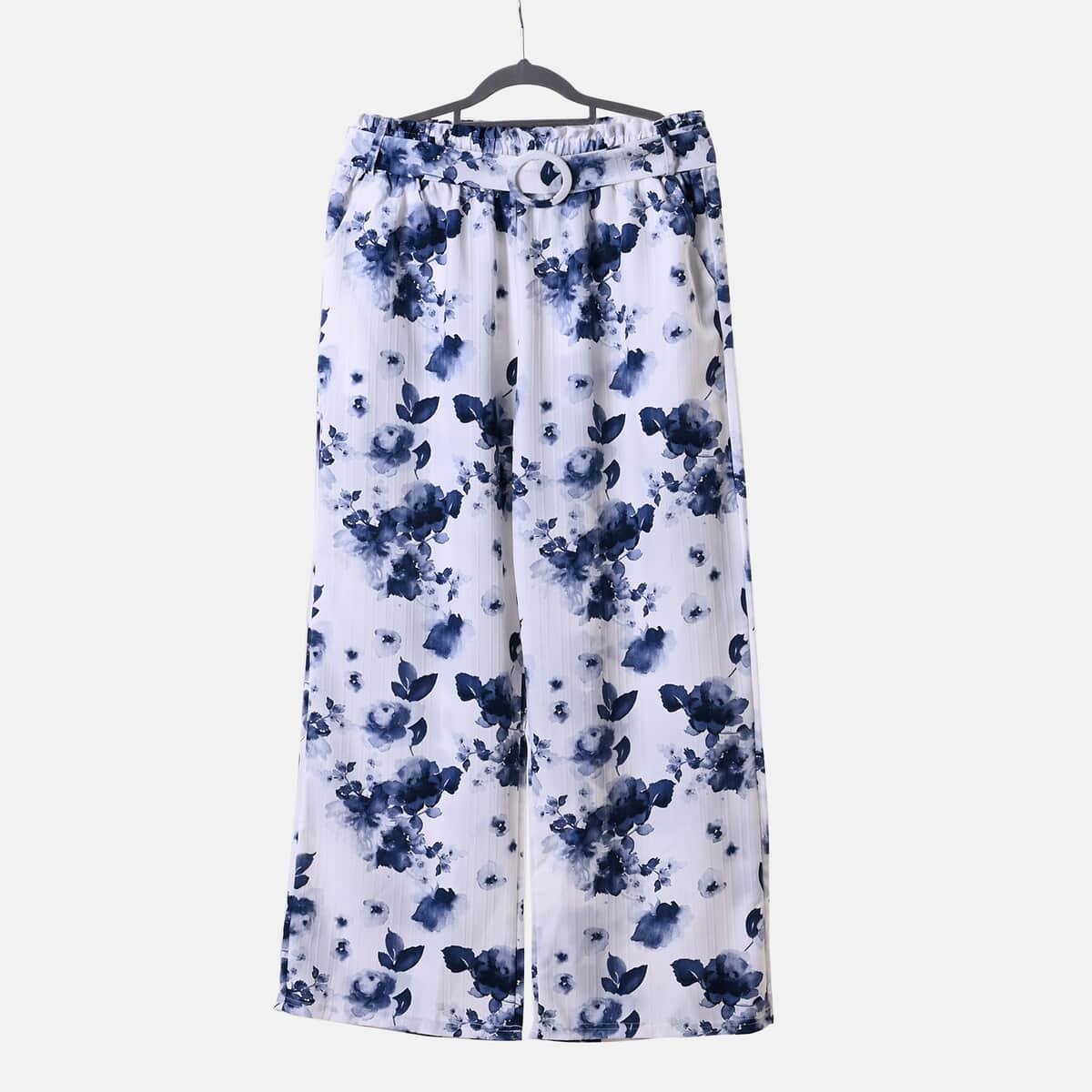 Blue Floral Wide Leg Elastic Waistband Pants with Detachable Waist Belt - One Size Fits Most image number 5