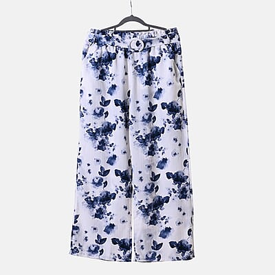 Blue Floral Wide Leg Elastic Waistband Pants with Detachable Waist Belt - One Size Fits Most