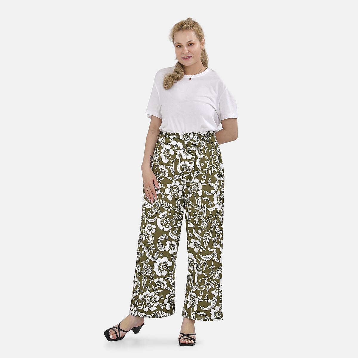 Olive Floral Wide Leg Elastic Waistband Pants with Detachable Waist Belt - One Size Fits Most image number 0