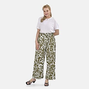 Olive Floral Wide Leg Elastic Waistband Pants with Detachable Waist Belt - One Size Fits Most