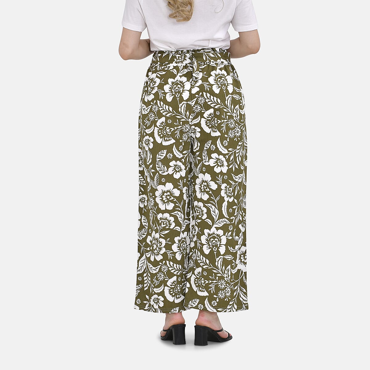 Olive Floral Wide Leg Elastic Waistband Pants with Detachable Waist Belt - One Size Fits Most image number 1
