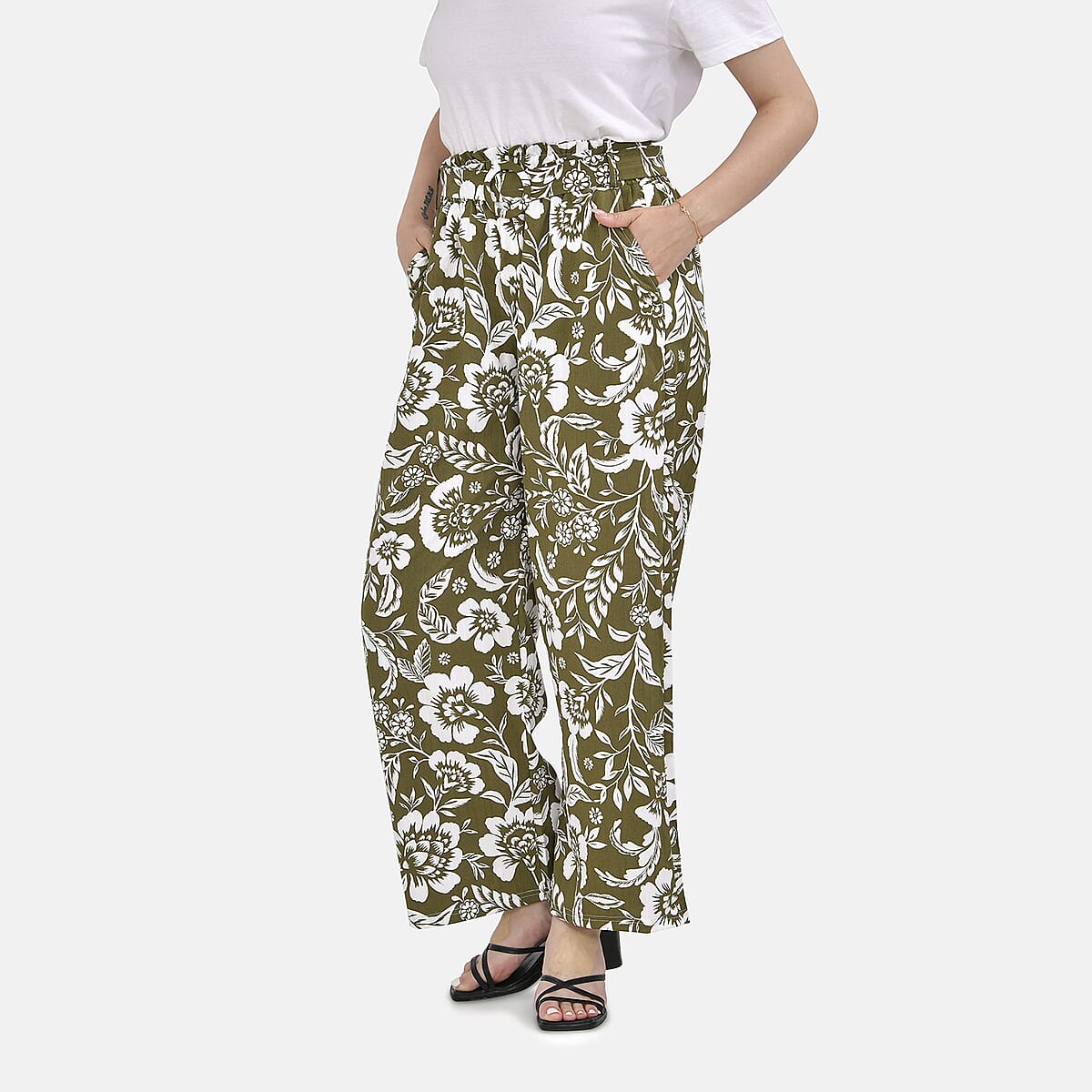 Olive Floral Wide Leg Elastic Waistband Pants with Detachable Waist Belt - One Size Fits Most image number 2