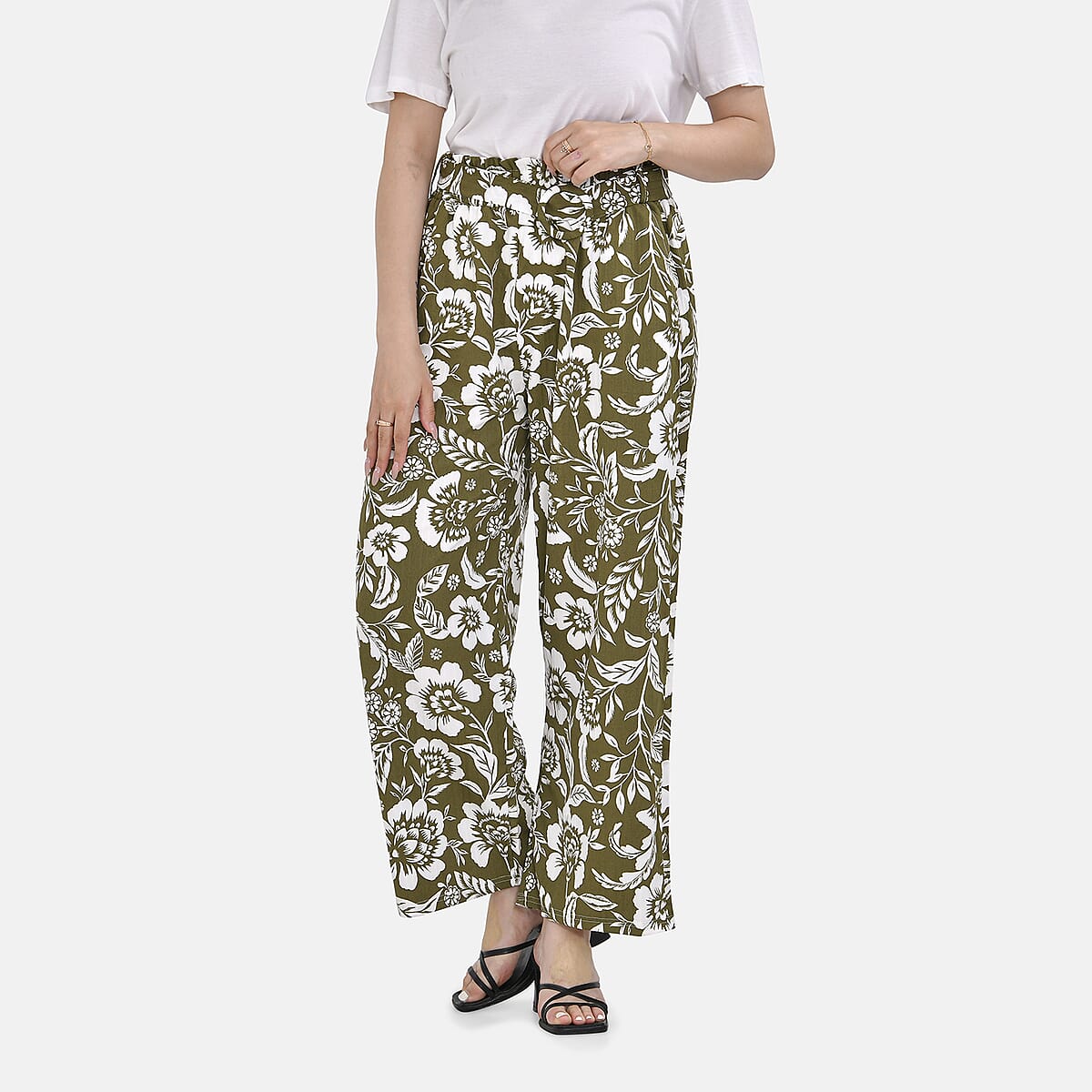 Olive Floral Wide Leg Elastic Waistband Pants with Detachable Waist Belt - One Size Fits Most image number 3