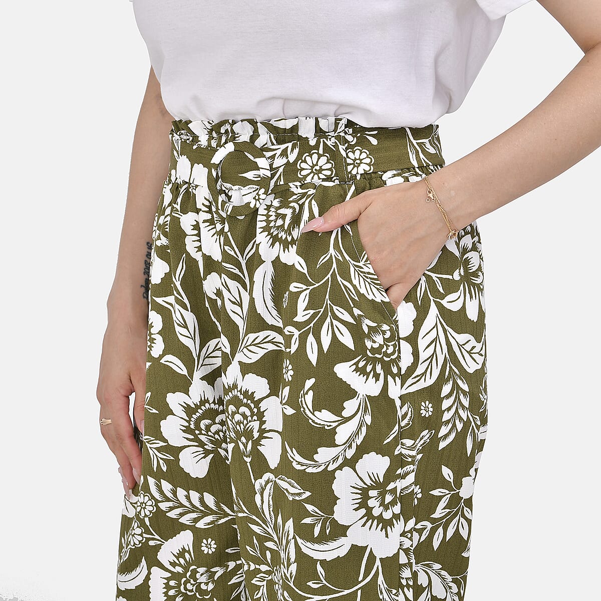 Olive Floral Wide Leg Elastic Waistband Pants with Detachable Waist Belt - One Size Fits Most image number 4
