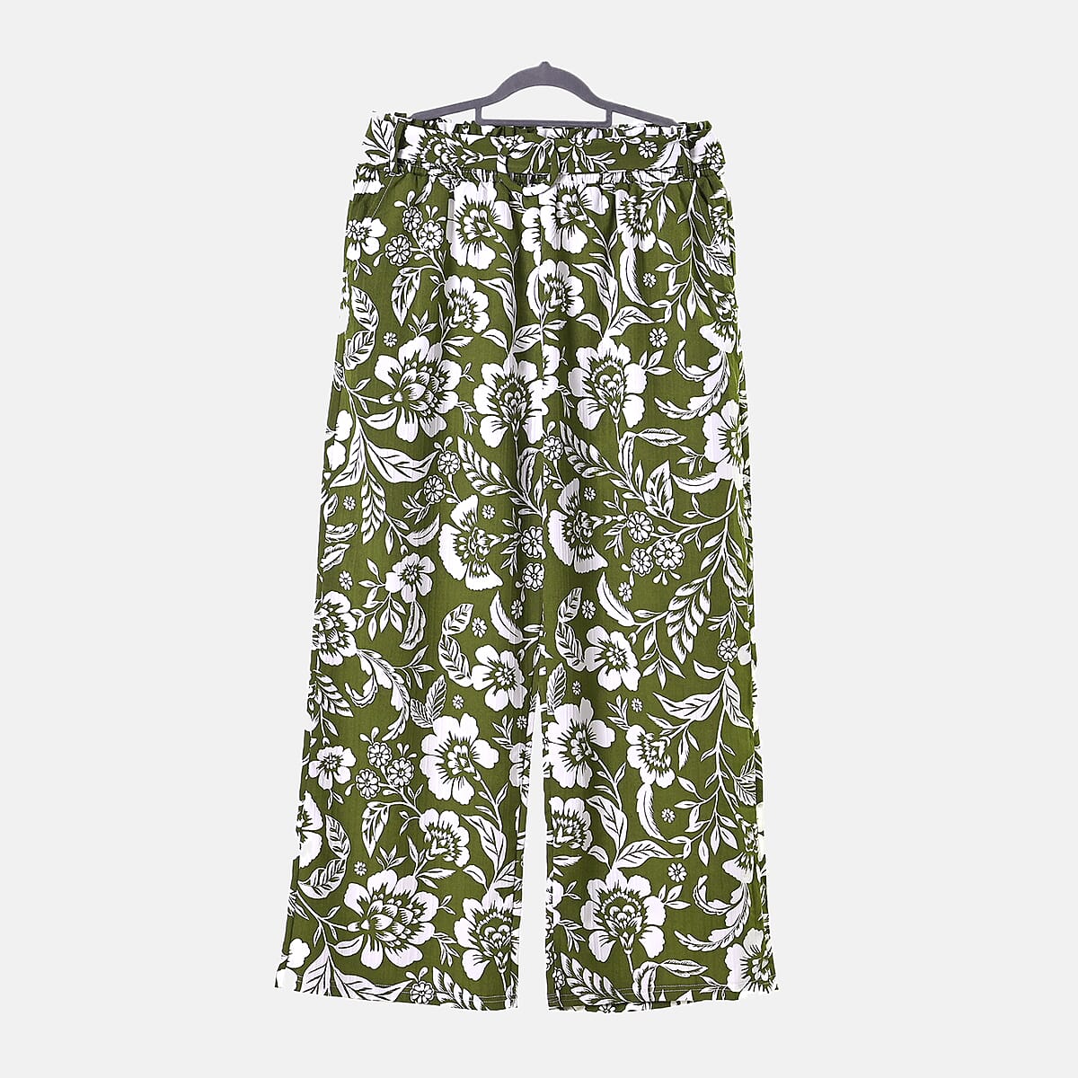 Olive Floral Wide Leg Elastic Waistband Pants with Detachable Waist Belt - One Size Fits Most image number 5