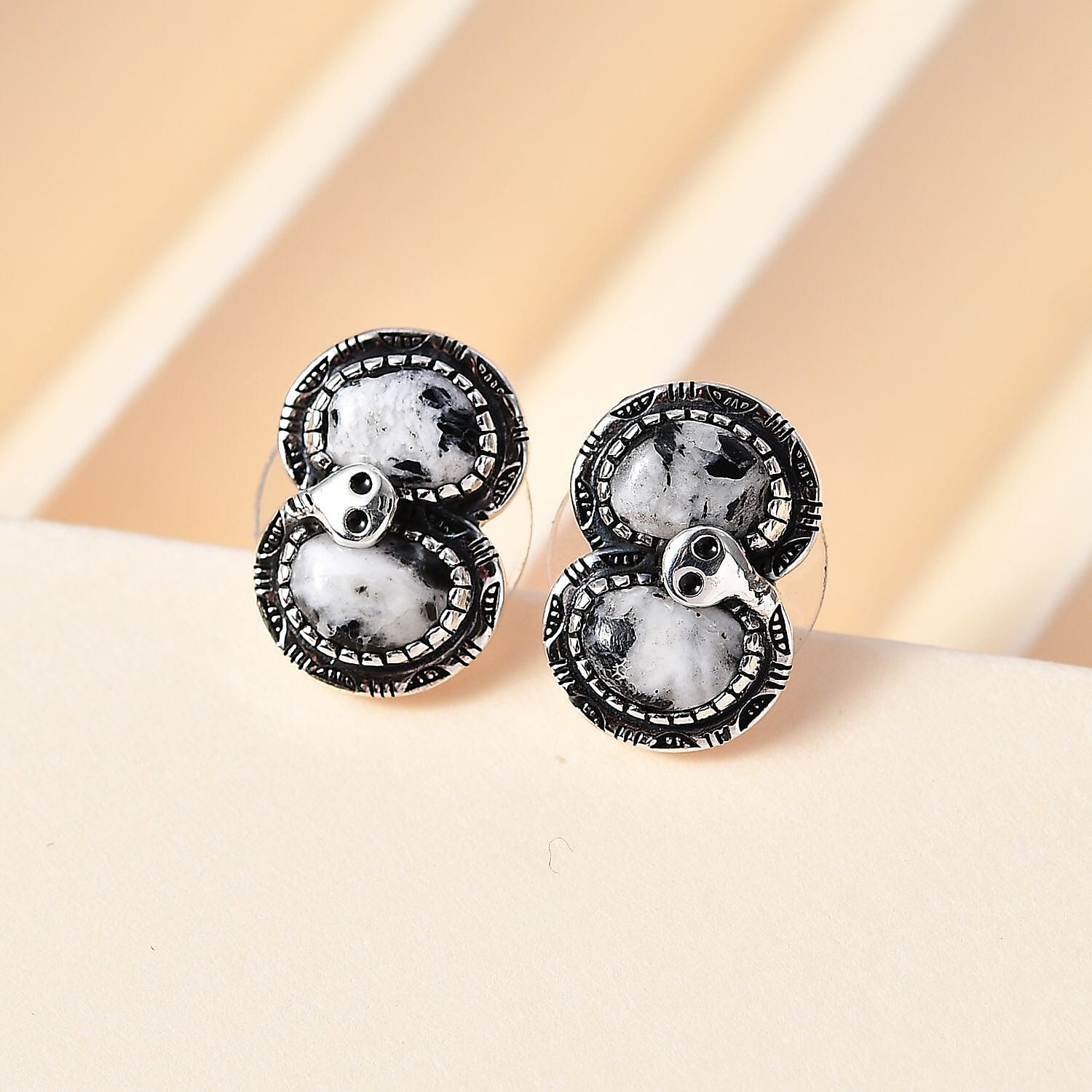 Artisan Crafted White Buffalo Snake Earrings in Black Oxidized Sterling Silver 3.75 ctw