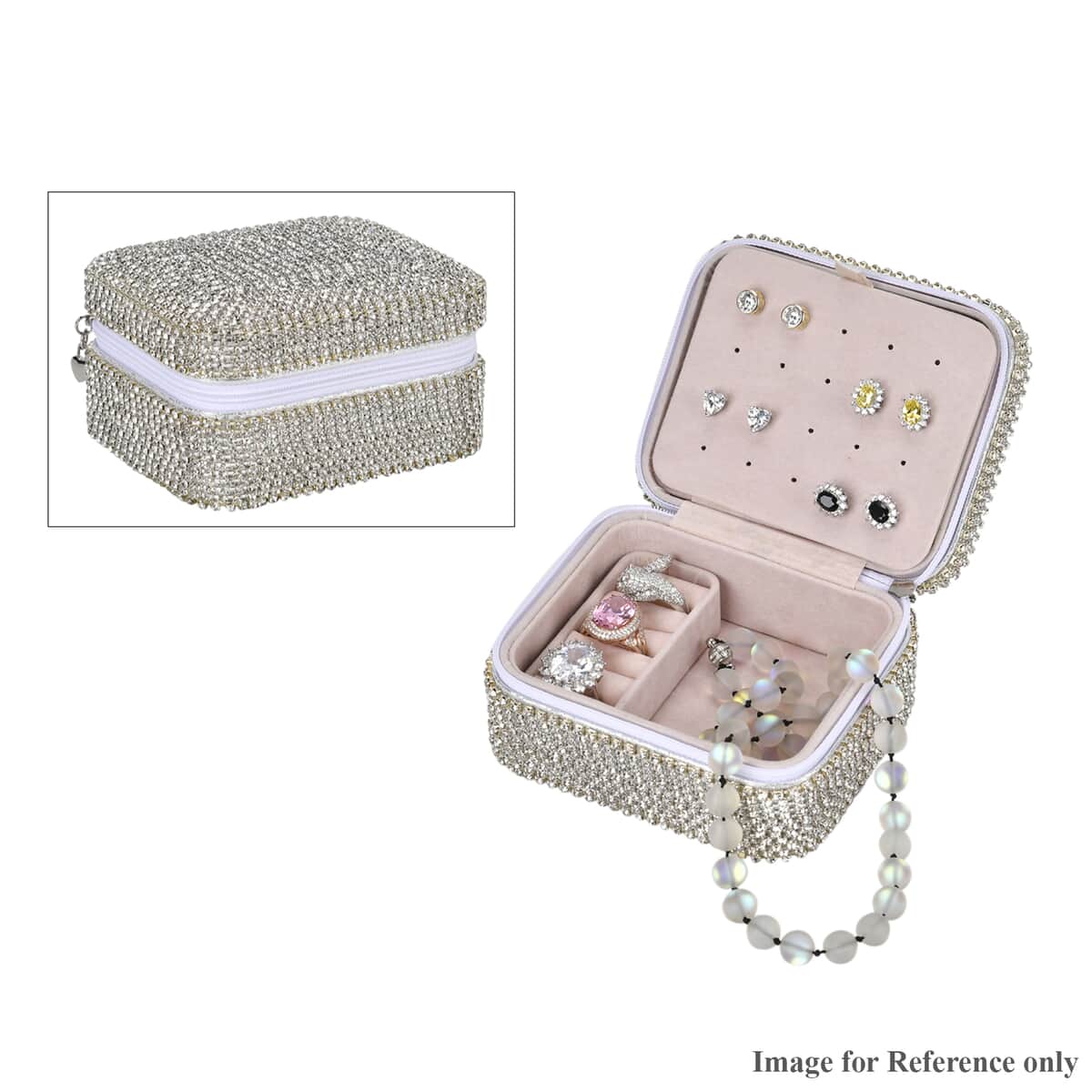 Silver Color Sparkling Crystal and Velvet Jewelry Box (4.72"x3.94"x2.56") image number 0