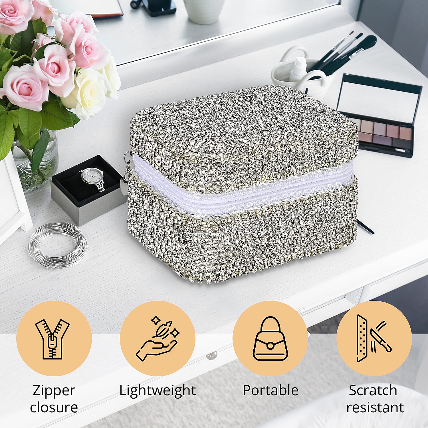 Silver Color Sparkling Crystal and Velvet Jewelry Box