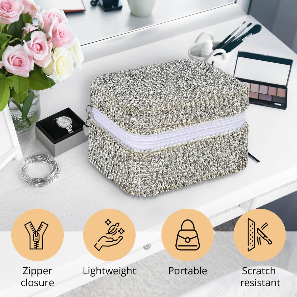 Silver Color Sparkling Crystal and Velvet Jewelry Box (4.72"x3.94"x2.56") image number 2