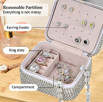 Silver Color Sparkling Crystal and Velvet Jewelry Box