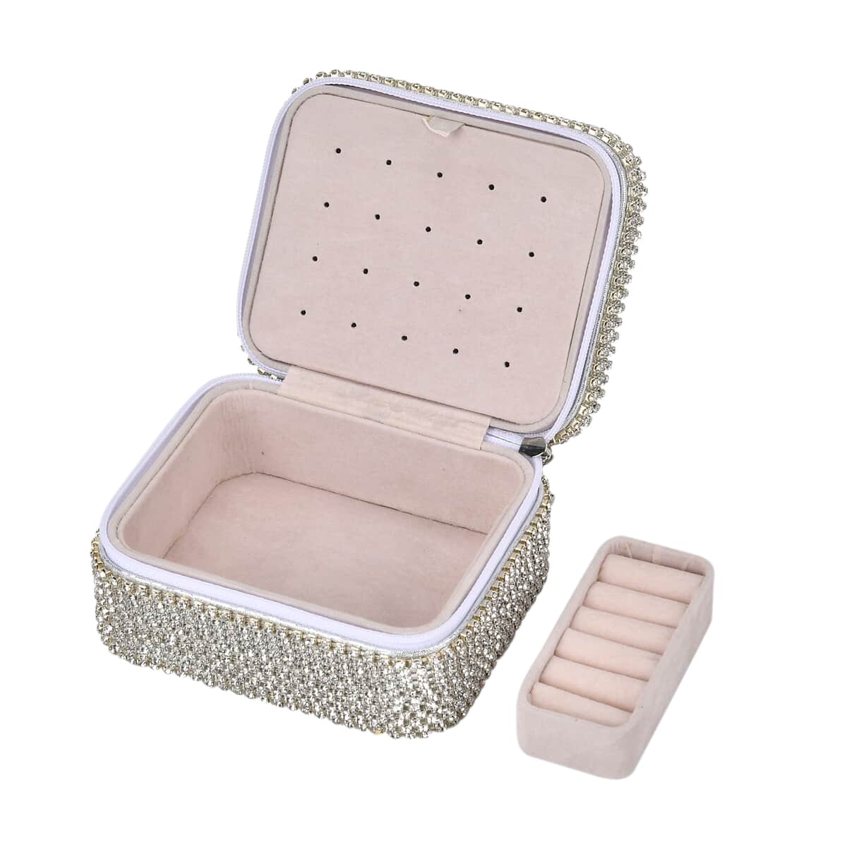 Silver Color Sparkling Crystal and Velvet Jewelry Box (4.72"x3.94"x2.56") image number 5