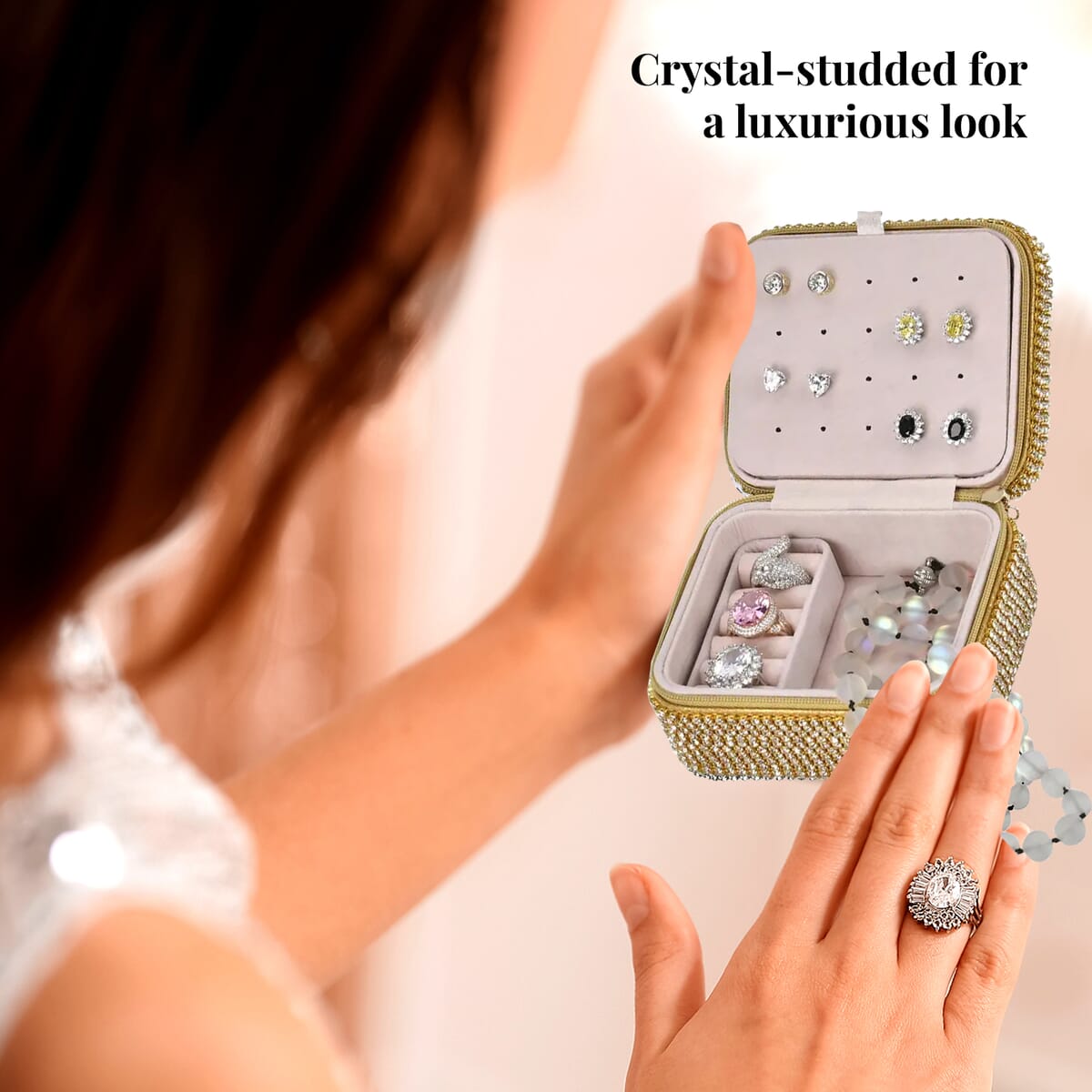 Gold Color Sparkling Crystal and Velvet Jewelry Box image number 1