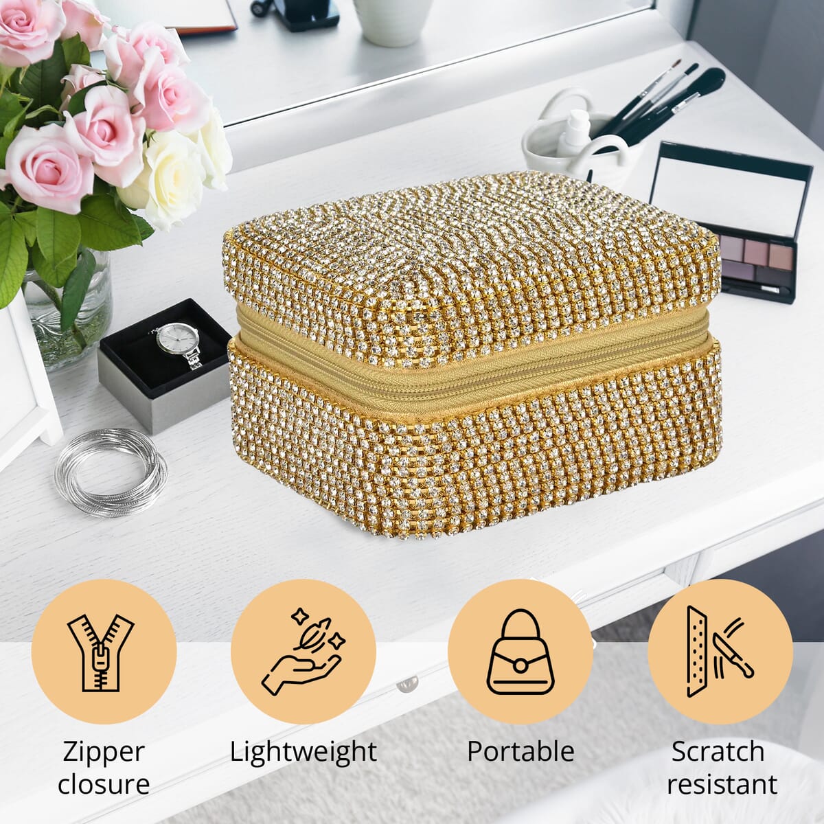 Gold Color Sparkling Crystal and Velvet Jewelry Box image number 2