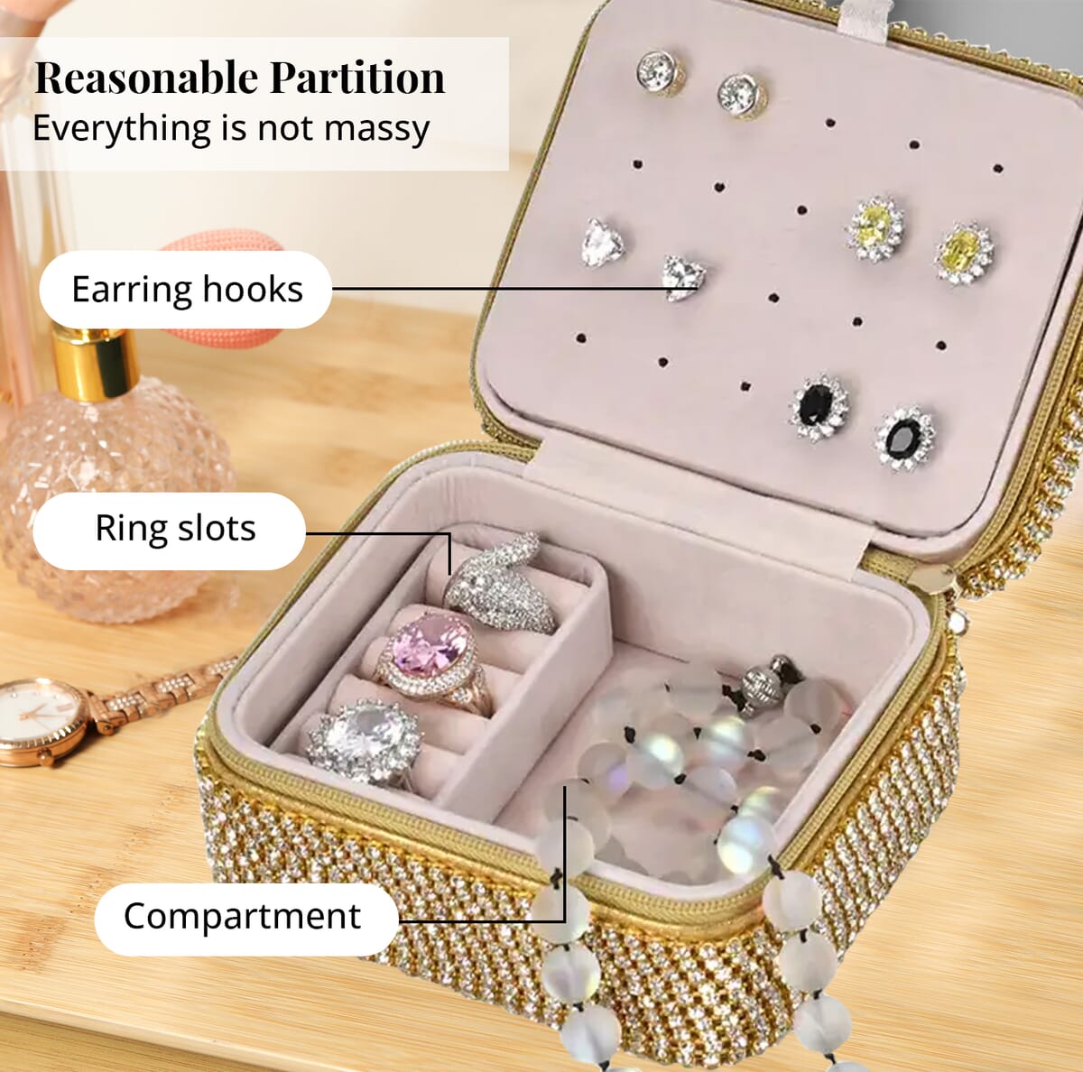Gold Color Sparkling Crystal and Velvet Jewelry Box image number 3
