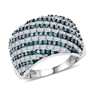 Venice Blue Diamond I1-I2 and White Diamond Ring in Platinum Over Sterling Silver (Size 6.0) 1.00 ctw