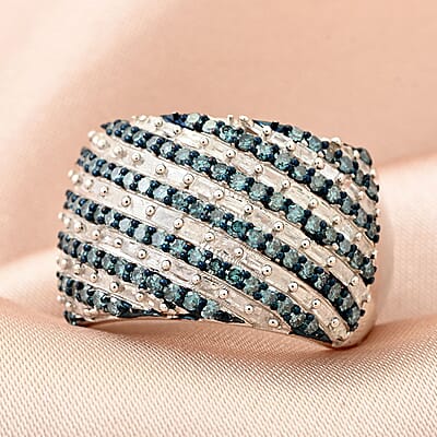 Venice Blue Diamond I1-I2 and White Diamond Ring in Platinum Over Sterling Silver (Size 6.0) 1.00 ctw